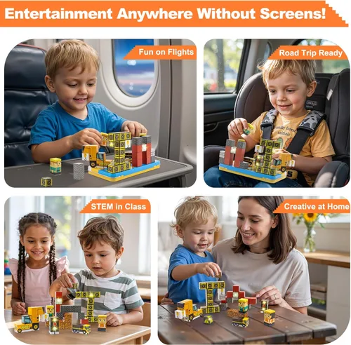 Miniatura 6 de Aywewii Bloques magnéticos de viaje, 45 piezas, juguetes de viaje para niños de 3 a 5 años, cubos de construcción magnéticos, juego de aprendizaje