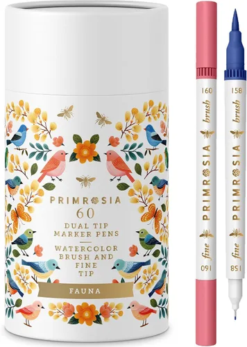 Primrosia Fauna - 60 Rotuladores de Acuarela de Doble Punta y Bolígrafos de Punta Fina. Rotuladores para Arte, Bocetos, Ilustración, Caligrafía,