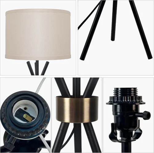 Miniatura 4 de Lámpara de mesa con trípode, cuerpo de metal con pantalla de tambor de lino, lámpara de mesa alta para dormitorio con enchufe E26, ideal para sala