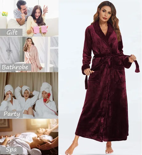 Miniatura 3 de Ekouaer Bata de forro polar para mujer bata larga de baño de felpa con cuello chal ropa de dormir de longitud completa con bolsillos