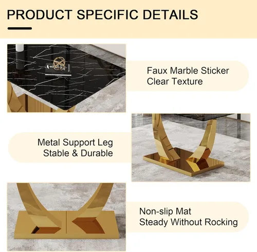 Miniatura 7 de Juego de mesa de comedor de 63 pulgadas para 4, juego de mesa de comedor dorado moderno para 4, juego de mesa de cocina de mármol sintético con negro