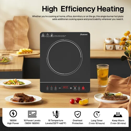 Miniatura 5 de Panana - Cocina de inducción portátil, placa de cocción de 1800 W, quemador de encimera, 10 niveles de temperatura, temporizador, apagado
