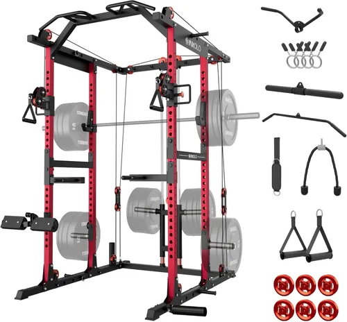 Miniatura 10 de Mikolo Jaula de potencia K6 2.0, estante de alimentación con sistema de cruce de cables, estante para sentadillas de 2000 libras con sistema de Rojo