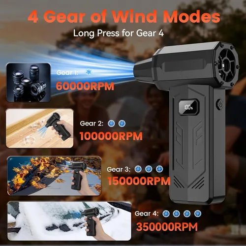 Miniatura 2 de Plumero de aire comprimido, soplador turbo de 350,000 RPM con pantalla LED y luz, mini escoba de aire ajustable de 4 velocidades, plumero de aire