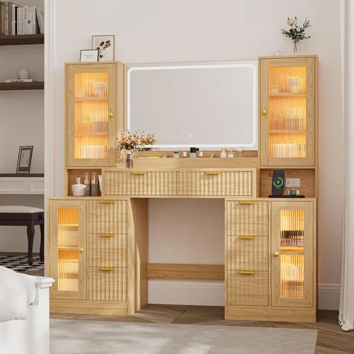 Miniatura 8 de Escritorio de maquillaje estriado con espejo y luces, tocador superior de cristal de 55 pulgadas con 8 cajones y 4 gabinetes de vidrio RGB, estantes