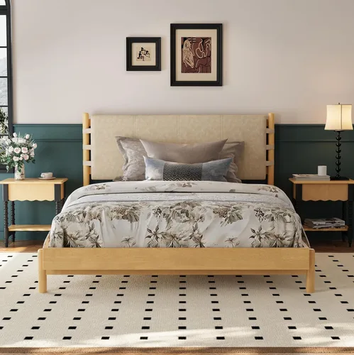 Miniatura 12 de Moderno juego de base de cama Queen con 2 mesitas de noche, cama de plataforma de madera beige con cabecero y mesitas de noche a juego