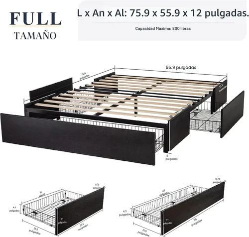 Miniatura 2 de Marco de cama Allewie tamaño matrimonial con plataforma y 3 cajones de almacenamiento, tapizado en piel sintética, soporte de listones de madera,