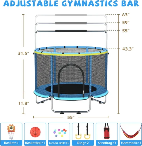 Miniatura 2 de Cama elástica para niños con malla de encierro, cama elástica mini para interiores y exteriores con barra de gimnasia ajustable, aro de baloncesto