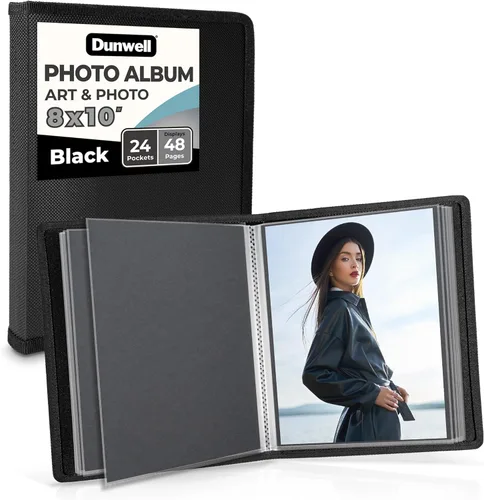 Álbum de fotos Dunwell 8x10 (negro) con papel de montaje, carpeta de presentación de portafolio de arte y fotos de 8 x 10, 24 fundas transparentes