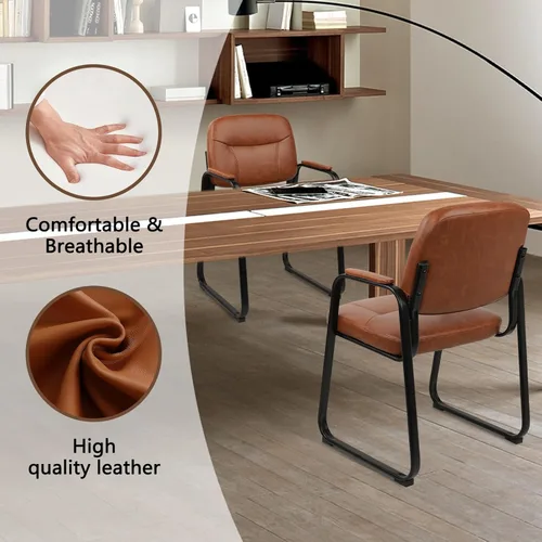 Miniatura 6 de CLATINA Sillas de recepción de espera sin ruedas, silla de invitados de cuero con brazos acolchados, modernas sillas de escritorio de oficina marrón