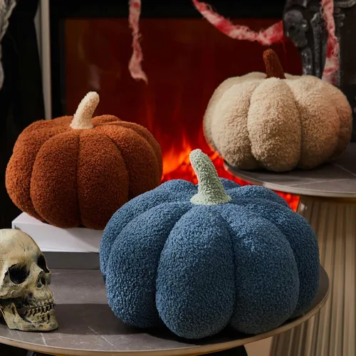 Miniatura 5 de Juexica 3 almohadas de calabaza de peluche esponjosas en 3D con forma de calabaza decoración de otoño, Acción de Gracias, Halloween, cojín de marrón