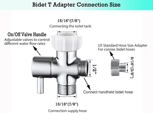 Miniatura 2 de Adaptador T de bidé con válvula de cierre, válvula T de 3 vías para bidé, adaptador T de latón para inodoro manual, 7/8"×7/8"×1/2" o 3/8
