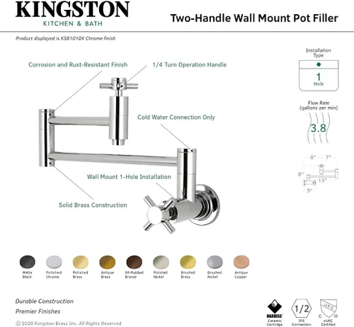Miniatura 7 de Kingston Brass KS8105DX Concord - Grifo de cocina con relleno de olla de montaje en pared, bronce aceitado Oil Rubbed Bronze