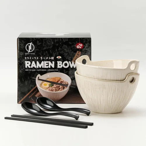 Miniatura 9 de Donburi - Juego de 2 cuencos de cerámica para fideos con palillos y cucharas, juego de 2 cuencos Donburi aptos para lavavajillas para pasta