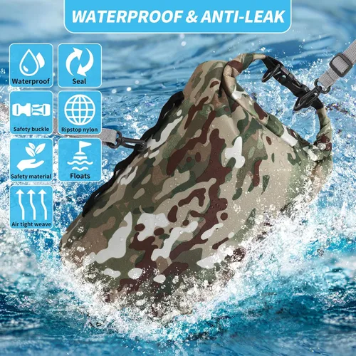Miniatura 5 de Bolsas secas impermeables de camuflaje pequeñas y ligeras con correa para tabla de remo, kayak, pesca, camping, senderismo (10 L)