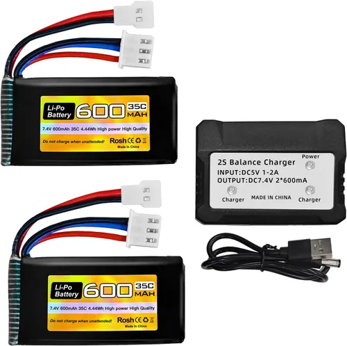 Batería Lipo de 7.4 V 600 mAh 35C 2S con enchufe Molex con cargador 2 en 1 para FMS FCX24 RC coche, camión, vehículo eléctrico de escalada FCX24