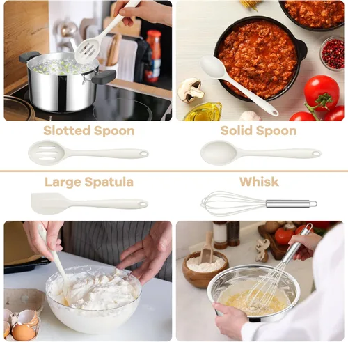 Miniatura 5 de TeamFar Juego de utensilios de cocina de silicona, 8 piezas, resistente al calor de 446 °F, espátula, cuchara, batidor, utensilios de cocina Blanco