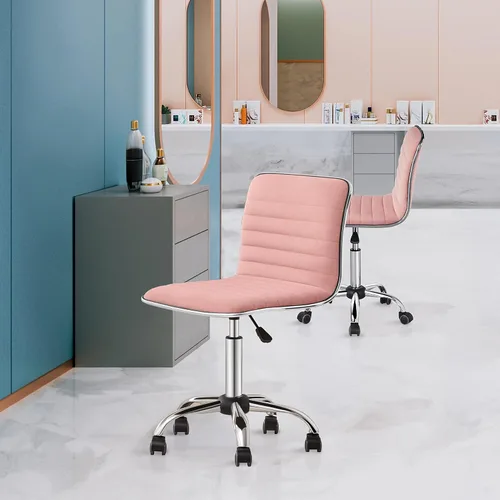 Miniatura 8 de Yaheetech Silla de tocador de respaldo bajo sin brazos de terciopelo acanalado, altura ajustable, giratoria, para oficina, color rosa albaricoque