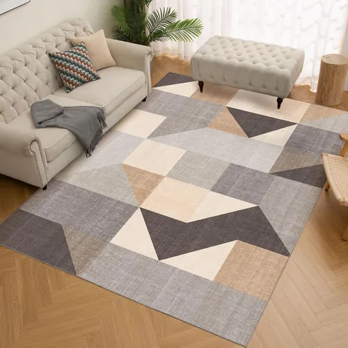 HOMFINE Alfombra lavable moderna de 5 x 7 pies, estilo geométrico, para sala de estar, dormitorio, alfombra lavable a máquina, suave, Gris/Marrón