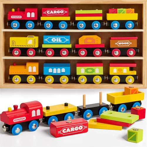 Montessori - Juego de tren de madera para niños, 12 vagones magnéticos de tren con caja de regalo de almacenamiento, juguete educativo STEM para