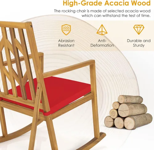 Miniatura 6 de Tangkula Mecedora de madera de acacia para patio, con cojín extraíble de alta densidad, resistente a todo tipo de clima, base equilibrada, perfecta