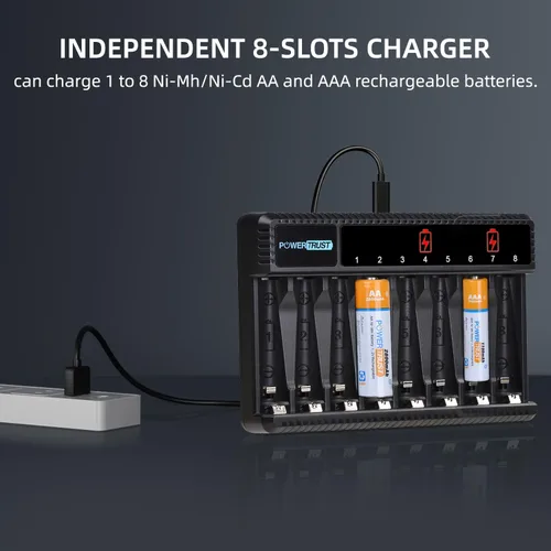 Miniatura 2 de Baterías AA recargables y pilas AAA (paquete de 4) con cargador de batería AA AAA de 8 bahías, cargador de batería recargable Ni-Mh