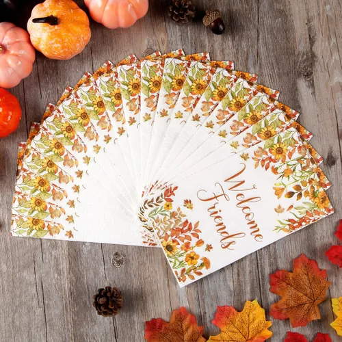 Miniatura 2 de Quera 100 servilletas de papel desechables con hojas de otoño con texto en inglés "Welcome Friends", servilletas de papel desechables para Acción