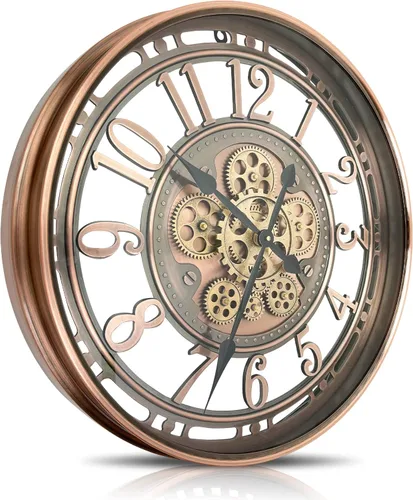 Real Moving Gears - Reloj de pared grande y moderno de metal con engranajes móviles reales para decoración de sala de estar, estilo industrial Cobre