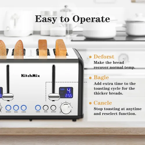 Miniatura 5 de Tostadora de 4 rebanadas, tostador de panecillos de acero inoxidable KitchMix con temporizador LCD, ranuras extra anchas, pantalla dual, bandeja