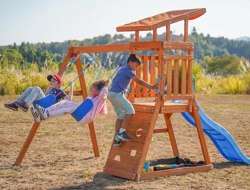 Miniatura 2 de Conjuntos de columpios de madera Dolphin Playground para el patio trasero con tobogán de 1.83 m, juego al aire libre para niños con fosa de arena