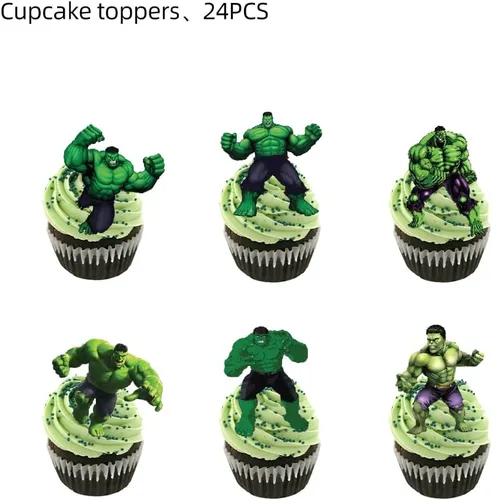 Miniatura 2 de Hulk - 24 decoraciones para tartas de Hulk, decoración de pasteles, suministros de fiesta de cumpleaños de Hulk (14)