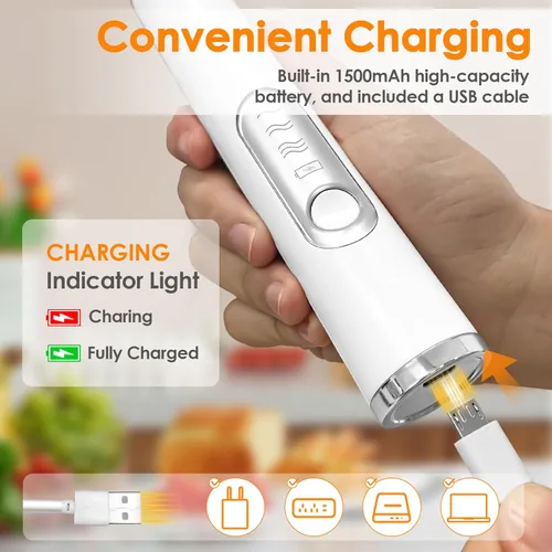 Miniatura 4 de Espumador de Leche de Mano, Batidor de Café Recargable con 2 Batidores de Acero Inoxidable de 3 Velocidades, Mezclador de Bebidas, Espumador Blanco