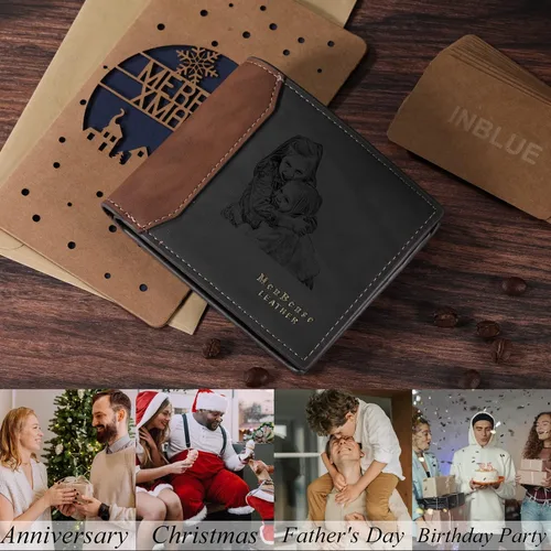 Miniatura 11 de INBLUE Billetera plegable grabada personalizada, cartera de cuero personalizada con foto y texto grabado, regalos para hombres, marido, papá, hijo