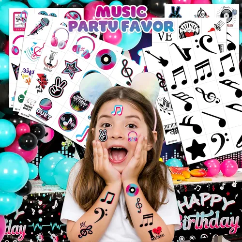 Miniatura 2 de (96 piezas) Notas musicales motivacionales musicales precortadas tatuajes temporales para niños, suministros de fiesta temática de cumpleaños, Normal