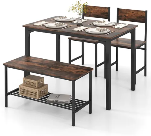 Miniatura 7 de GOFLAME Juego de mesa de comedor de 4 piezas para 4, mesa de cocina industrial con 2 sillas y banco, juego de mesa de desayuno que ahorra espacio