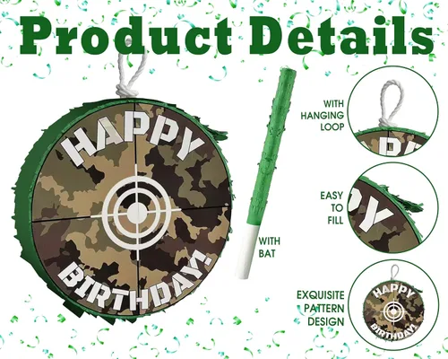 Miniatura 2 de APINATA4U - Juego de piñata de camuflaje verde con palo y venda, 16 x 4 pulgadas, suministros de fiesta de juego de caza, decoraciones de feliz