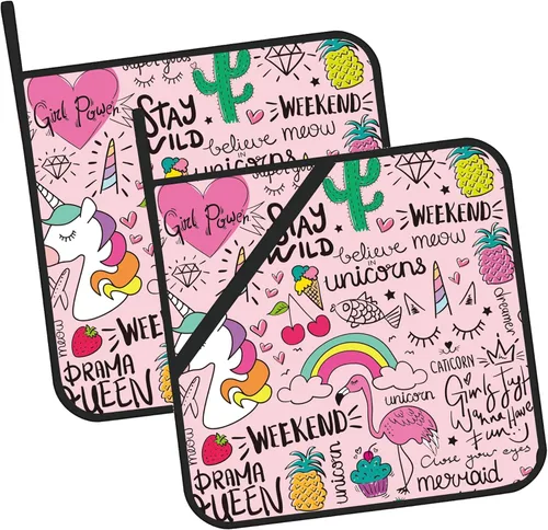 Juego de 2 soportes para ollas de unicornio de flamenco rosa, resistentes al calor y antideslizantes, almohadillas calientes para horno de dibujo,