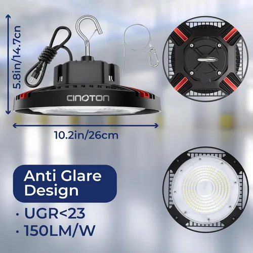 Miniatura 4 de CINOTON Luz LED UFO de Bahía Alta de 100W, Luces LED de Aluminio para Tienda con 15000LM, Iluminación de Bahía Comercial de 5000K para Almacén