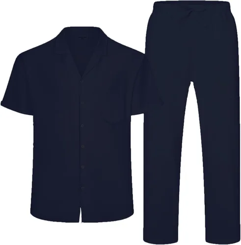 Miniatura 10 de RPOVIG Conjunto de camisa de lino y pantalones: conjuntos de lino de 2 piezas para hombre, camisas de manga corta, pantalones de yoga, trajes
