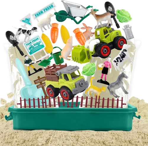 Miniatura 7 de Aliex Contenedor Sensorial de Granja, Kits de Juguetes Sensoriales de Granja con 2.2 libras de Arena de Juego, 31 piezas de Animales y Camiones