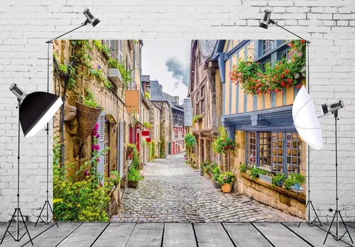 Miniatura 2 de BELECO Telón de fondo de tela italiana de 5 x 3 pies, diseño de flores, primavera, paisaje, calle, Europa, arquitectura, fondo de vacaciones