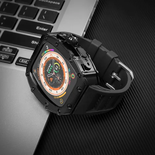 Miniatura 4 de Estuche de Lujo para Apple Watch Ultra 3/2/1 49mm Banda FKM, Cubierta de Metal con Parachoques Resistente + Vidrio Incorporado + Correa
