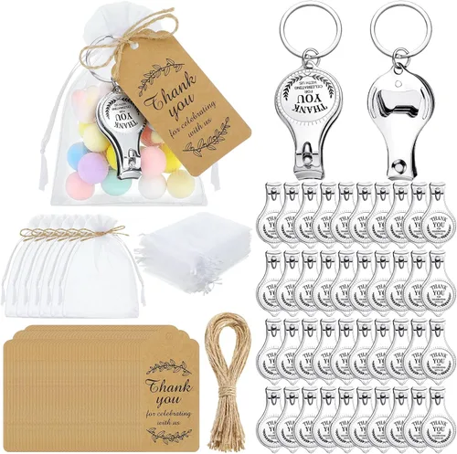 BBTO 50 juegos de abrebotellas, regalos para baby shower, regalos para invitados, cortaúñas llavero con etiquetas de agradecimiento y bolsas de