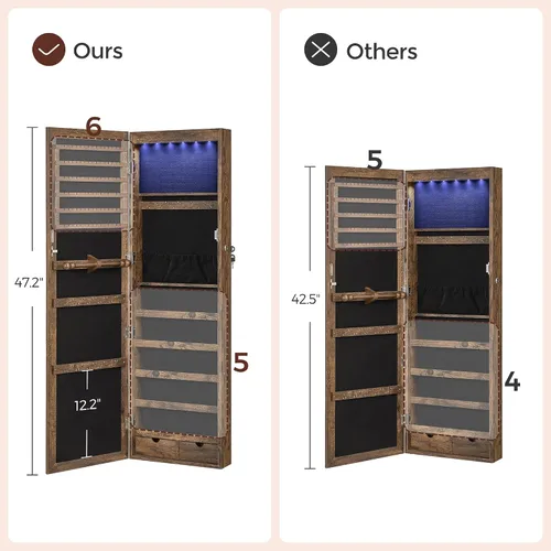 Miniatura 7 de SONGMICS - Gabinete organizador de joyas con 6 luces LED, para montar en la pared o en la puerta, de 47.3pulgadas de alto, con espejo y 2 cajones