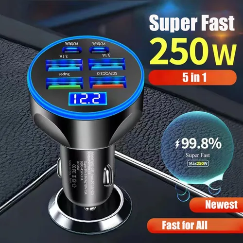 Miniatura 3 de Adaptador De Carga Súper Rápida USB C Para Coche Y Teléfono 6 En 1 Con Pantalla De Voltaje 250W Carga USB De Encendedor De Cigarrillos De Múltiples