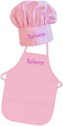 Bordado personalizado fabricado en los Estados Unidos – Añade un nombre para niño delantal y sombrero – Tallas para niños pequeños y niños Rosado