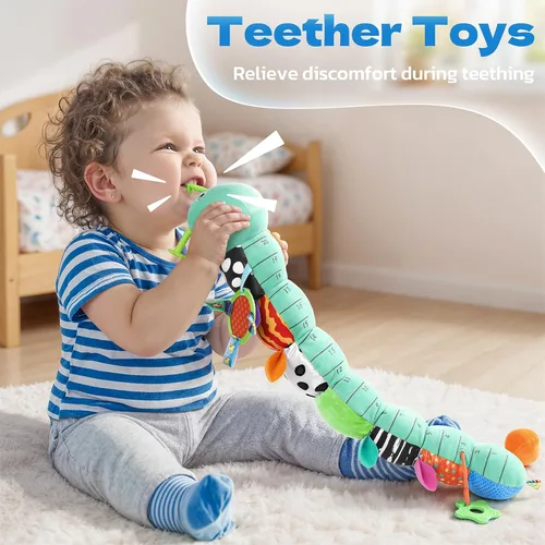 Miniatura 4 de HEMRLY Juguetes Sensoriales para Bebés de 0 a 6 Meses, Oruga Musical de Peluche con Mordedor, Papel Arrerugado, Sonajero, Espejo para Bebé para Azul