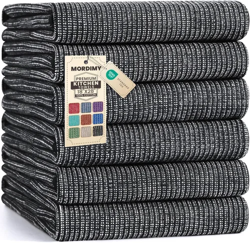 Mordimy Paquete de 6 paños de cocina de alta calidad (18 x 28 pulgadas, negro), toalla de mano grande de algodón, paños planos y de rizo para secar