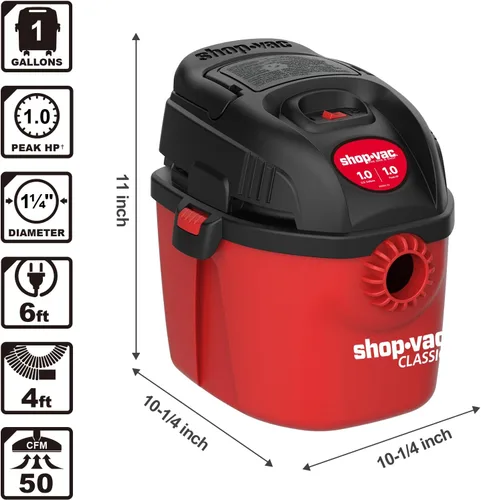 Miniatura 5 de Shop-Vac 2021000 Aspiradora húmeda y seca de 1 galón y 1 HP máximo, microaspiradora compacta portátil con soporte de pared de mango plegable y Rojo