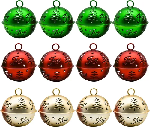 12 cascabeles grandes de 2.5 pulgadas de 2.5 pulgadas, cascabel de Navidad con patrones huecos de árbol alegre, campanas de metal grandes para